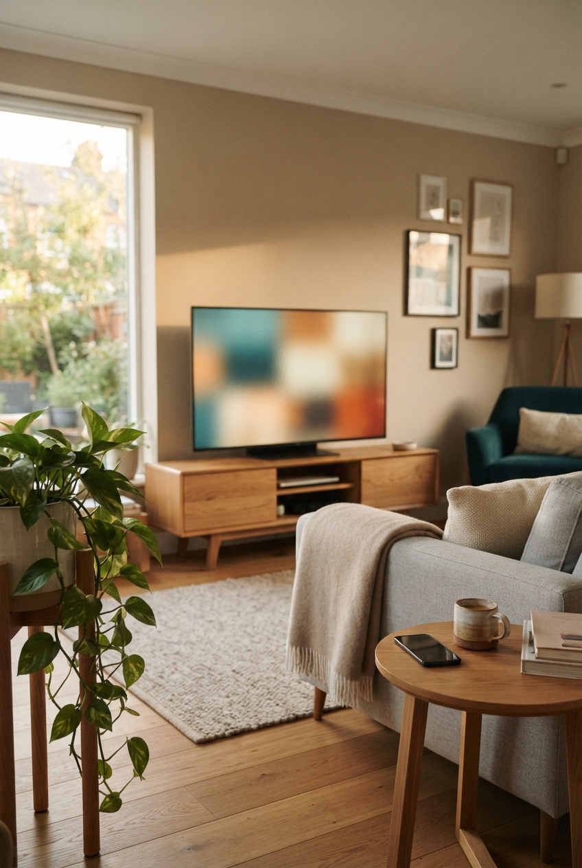 Warm modern living room with blurred TV, plant, wood furniture, seating, rug, artwork, and a coffee table.